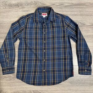 Wrangler Big Boy Navy & Gold Plaid‎ Button Down Long Sleeves Shirt Size 10/12